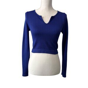 Royal Blue Ribbed Long-Sleeve Cropped Top Notch Neckline Cotton Candy JuniorsM/L